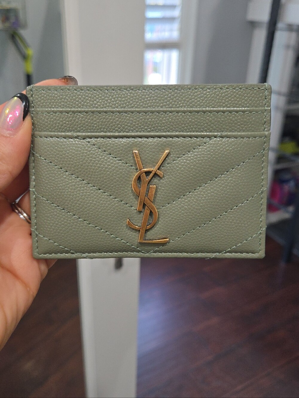 Saint Laurent Olive Green Quilted Card Holder with Gold YSL Logo
